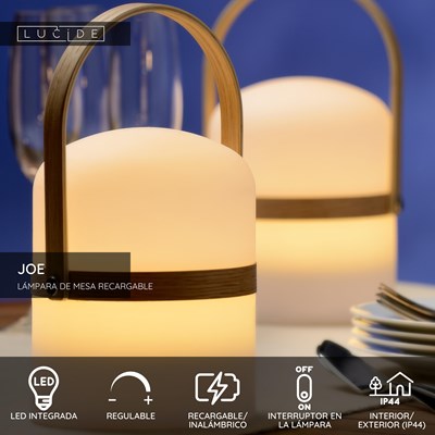 Lucide JOE - Lámpara de mesa Recargable Dentro/Fuera - Batería/acumulador - Ø 14,5 cm - LED Regul. - 1x3W 3000K - IP44 - Blanco